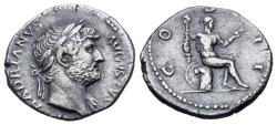 Ancient Coins - Hadrian (AD 117-138). AR Denarius, Rome, 125-127. R/ Hercules seated to right on cuirass,