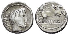 Ancient Coins - ROME REPUBLIC L. Titurius L.f. Sabinus. 89 BC. AR Denarius. Rome mint. Head of the Sabine king Tatius R/ Victory driving biga