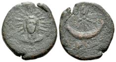 Ancient Coins - ITALY APULIA, Venusia. Circa 210-200 BC. Æ Sescuncia (1½ Uncia) VERY RARE Bust of Helios R/ Star above crescent.