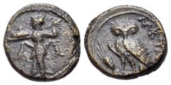 Ancient Coins - ITALY. Lucania, Metapontion (Circa 250-207 BC). Æ 14mm. Athena Promachos R/ OWL