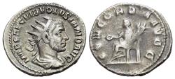 Ancient Coins - Volusian (251-253). AR Antoninianus. Radiate, draped, and cuirassed bust r. R/ Concordia seated l.
