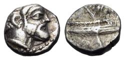 Ancient Coins - Phoenicia. Arados. Uncertain king (Circa 380-351/0 BC). AR Obol - 1/12 Shekel. Head of Ba'al-Arwad R/ GALLEY