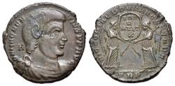 Ancient Coins - Magnentius (AD 350-353). Æ 22mm. Treveri, AD 351. R/ Two Victories standing facing one another