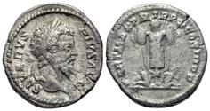 Ancient Coins - Septimius Severus (193-211). AR Denarius. Rome, AD 201. R/ Trophy of arms; captive seated to l. and r.