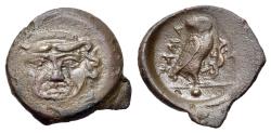 Ancient Coins - Sicily, Kamarina, c. 420-405 BC. Æ Onkia. Facing gorgoneion / Owl standing