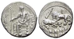 Ancient Coins - CILICIA, Tarsos. Balakros (Satrap of Cilicia under Alexander III of Macedon, circa 333-323 BC.). AR Stater. Baaltars seated / Lion attacking bull