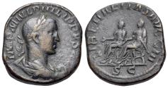Ancient Coins - Philip II (As Caesar, AD 244-247). Æ Sestertius. Rome mint. R/ Philip I and Philip II seated on curule chairs.
