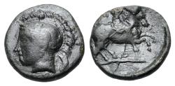 Ancient Coins - Thessaly, Pharsalos, late 5th-mid 4th century BC. Æ Chalkous. R/ Armored Thessalion warrior on horse