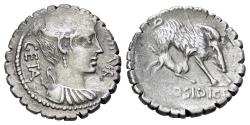 Ancient Coins - ROME REPUBLIC C. Hosidius C.f. Geta. 64 BC. AR Serrate Denarius. Rome mint. R/ Calydonian BOAR