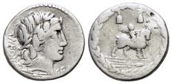 Ancient Coins - Mn. Fonteius C.F.,Rome, 85 BC. AR Denarius. Laureate head of Apollo-Vejovis r.; thunderbolt below, CF before. R/ Cupid riding goat r.