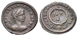 Ancient Coins - Constantine II (as Caesar AD 316-337) Æ Nummus. London, AD 324. R/ CAESARVM NOSTRORVM, VOT X