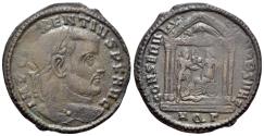Ancient Coins - Maxentius (AD 307-312). Æ Nummus - Follis. Aquileia, 309-310. R/ Roma seated in tetrastyle temple