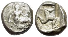 Ancient Coins - Pamphylia, Aspendos, c. 465-430 BC. AR Stater. Warrior  R/ Triskeles