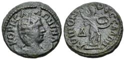 Ancient Coins - Salonina (Augusta, AD 254-268). Koinon of Thessaly. Æ Tetrassarion. R/ MINERVA