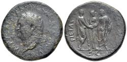 Ancient Coins - Titus, 79-81 A.D..AE Sestertius, Rome Mint, A.D. 80-81. R/ PIETAS AVGVST /  Titus and Domitian, between them, Concordia
