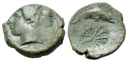 Ancient Coins - Sicily, Syracuse, c. 415-405 BC. Æ Hemilitron. R/ Dolphin swimming c/m incuse palmette