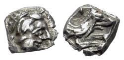 Ancient Coins - Lycaonia, Laranda, c. 324-3 BC. AR Obol. Head of Herakles  R/ Forepart of a wolf