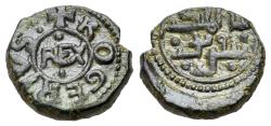 World Coins - Italy, Sicily, Messina. Tancredi and Ruggero (1089-1194). Æ Follaro. REX within circle and Kufic legend. R/ Kufic legend