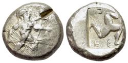 Ancient Coins - Pamphylia, Aspendos, c. 465-430 BC. AR Stater. Warrior R/ Triskeles