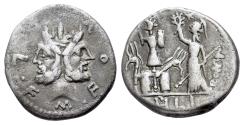 Ancient Coins - ROME REPUBLIC M. Furius L.f. Philus. 120 BC. AR Denarius. Rome mint. Head of bearded Janus R/ Roma and trophy of Gallic arms
