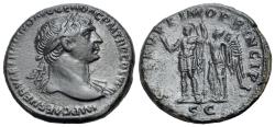 Ancient Coins - Trajan (AD 98-117), Æ As. Rome AD 107-110. R/ SPQR OPTIMO PRINCIPI Trajan being crowned by Victory