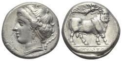 Ancient Coins - Italy, Campania, Neapolis, c. 300-275 BC. AR Nomos. R/Man-headed bull NICE !!