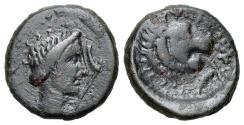 Ancient Coins - Thessaly, Pherai, 4th century BC. Æ Chalkous. Laureate head of Ennodia. R/ Fountain spout in the form of a lion’s head