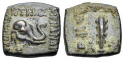 Ancient Coins - Indo Greek Kingdom. Menander I Soter. Circa 155-130 BC. Æ 14x14mm. Square module. Head of elephant R/ Club of Herakles