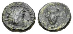 Ancient Coins - Aeolis, Myrina, 2nd-1st centuries BC. Æ 11mm. Radiate head of Helios. R/ Amphora