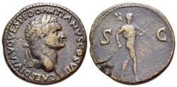 Ancient Coins - Domitian (Caesar, AD 69-81). Æ Sestertius. Balkan mint, 80-1. R/ MARS RARE