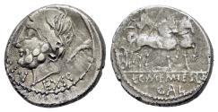 Ancient Coins - ROME REPUBLIC L. and C. Memmius L.f. Galeria. 87 BC. AR Denarius. Rome mint. Laureate head of Saturn R/ Venus driving biga
