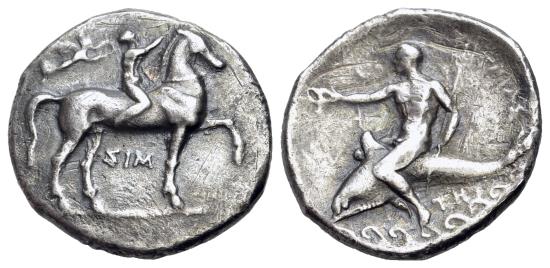 Ancient Coins - ITALY. Southern Apulia, Tarentum. Circa 330-325 BC. AR Nomos R/ Phalanthos riding dolphin