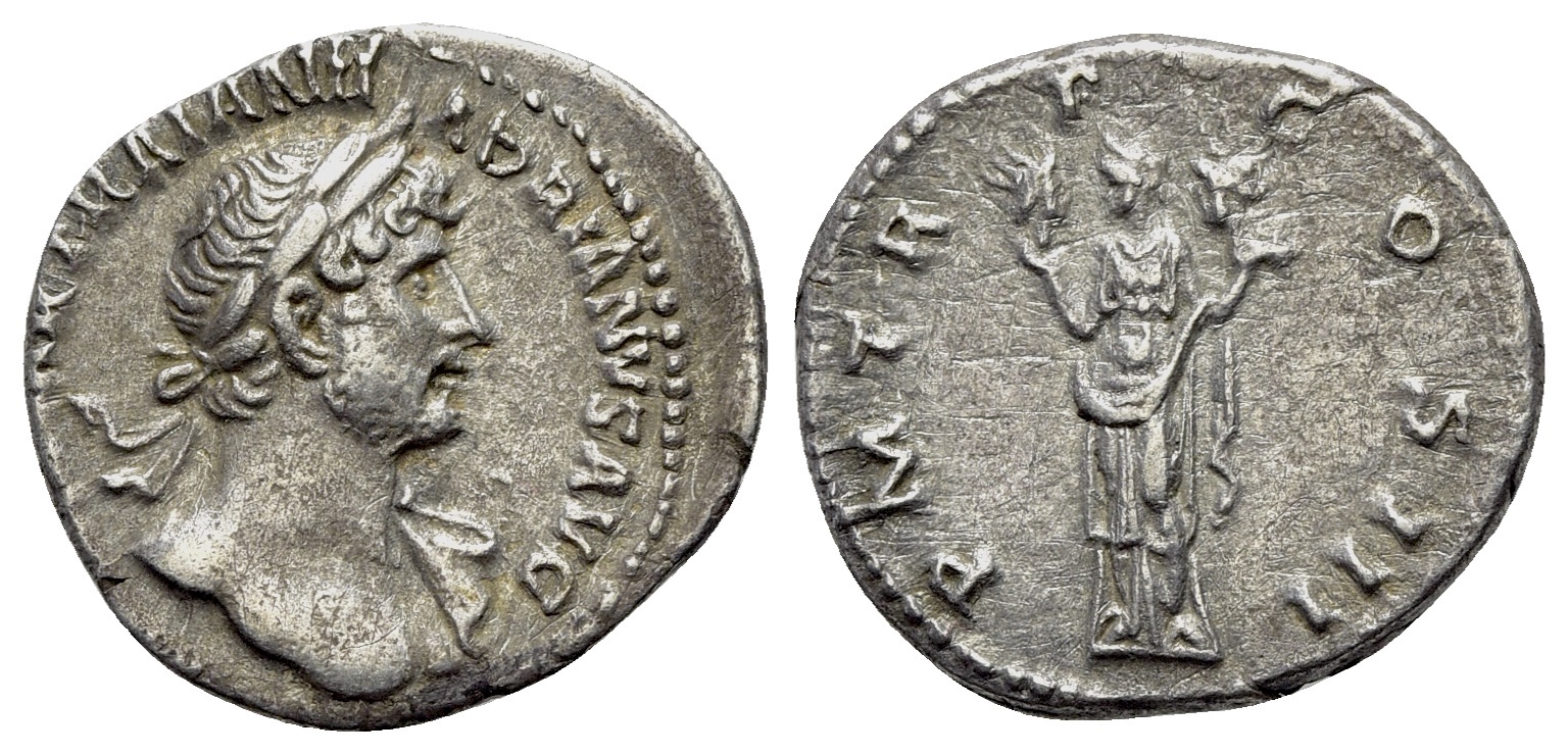 Hadrian (117-138). AR Denarius. Laureate bust. R/ Aeternitas standing ...