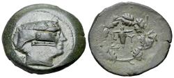Ancient Coins - Mysia, Kyzikos, 3rd century BC. Æ 31mm. Prow of galley r. overstruck on head of Kore Soteira  R/ Bucranium facing within wreath