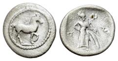 Ancient Coins - Thessaly, Pharkadon, late 5th-early 4th centuries BC. AR Obol. Horse R/ Athena