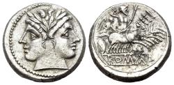 Ancient Coins - ROME REPUBLIC Anonymous. (217-216 BC.) AR Quadrigatus. Capua or south italian mint. Laureate Janiform head of Dioscuri. R/ Jupiter in quadriga right NIC E !!