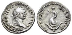 Ancient Coins - Domitian (As Caesar, AD 69-81). AR Denarius. Rome mint. Struck under Titus, AD 80-81. R/ DOLPHIN coiled around anchor.
