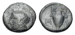 Ancient Coins - Aeolis, Myrina, c. 4th century BC. Æ 10mm. R/ Amphora between M-Y.