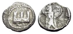 Ancient Coins - PHOENICIA, Sidon. temp. Baalshillem (Sakton) I-Ba’ana. Circa 425-401 BC. AR Sixteenth Shekel. Phoenician Galley. R/ King standing