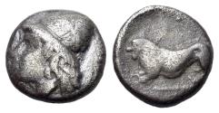 Ancient Coins - TAURIC CHERSONESOS, Tamyrake. Circa 380-370 BC. AR Obol. Head of Kabeiros left. R/ LION - EXTREMELY RARE
