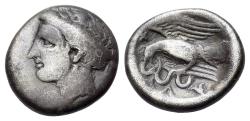 Ancient Coins - EUBOIA Chalkis. Circa 338-308 BC. AR Drachm. Head of the nymph Chalkis R/ Eagle, grasping serpent