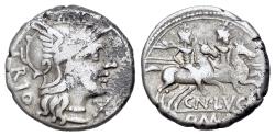 Ancient Coins - ROME REPUBLIC Cn. Lucretius Trio. 136 BC. AR Denarius. Rome mint.  R/ The Dioscuri