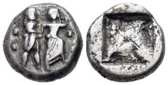 Ancient Coins - Thraco-Macedonian Region. Berge. Circa 525-480 BC. AR Stater. Ithyphallic Satyr grasping hand of nymph