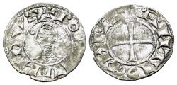Ancient Coins - Crusaders, Antioch. Bohemund III (1163-1201). AR Denier. Helmeted and mailed head  R/ Cross pattée