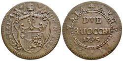 World Coins - Italy, PAPAL STATE.  Pio VI (1774-1799). Æ 3 Baiocchi 1795. Perugia, year XXI. Papal arms. R/ Value and date in three lines