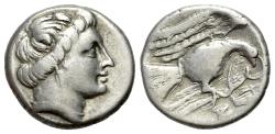 Ancient Coins - Euboia, Chalkis (Circa 338-308 BC). AR Drachm. R/ Eagle, with wings spread, holding serpent; lyre and monogram to right.