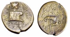 Ancient Coins - KINGS of THRACE. Rhoemetalkes I, with Augustus. Circa 11 BC-AD 12. Æ 16mm. Fasces and capricorn right / Male head right above sella
