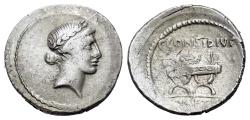 Ancient Coins - ROME REPUBLIC Roman Imperatorial, C. Considius Paetus, Rome, 46 BC. AR Denarius. Head of Apollo R/ Curule chair.