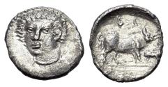 Ancient Coins - Sicily, Abakainon, c. 420-410 BC. AR Litra R/ Sow and piglet standing RARE