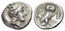 Ancient Coins - ITALY. CALABRIA, Tarentum. Circa 302-280 BC. AR Drachm. Helmeted head of Athena, helmet decorated with Skylla R/ OWL NICE !!